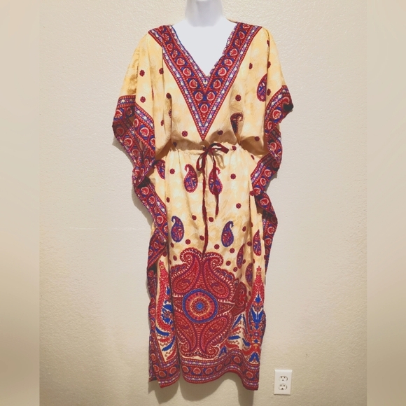 💚5/$25 Royal Paisley Bohemian Caftan Maxi Dress Drawstring Kimono One Size - Picture 1 of 8